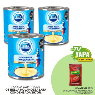 Bella Holandesa Lata Condesada 397gr. (03 unidades) - GRATIS: 01 Compass Mermelada Fresa Sachet