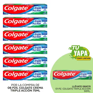 Colgate Crema Dental Triple Acción Menta Suave. Tubo 75ml. (06 unidades) - GRATIS: 01 Colgate Triple Acción 50ml.