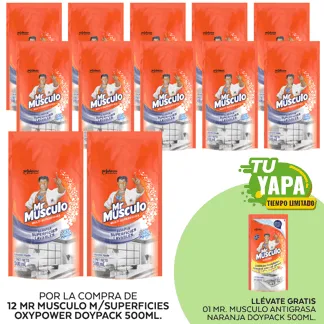 Mr Musculo M/Superficies Oxypower Doypack 500ml. (12 unidades) - GRATIS: 01 Mr Musculo Antigrasa Naranja Doypack 500ml.