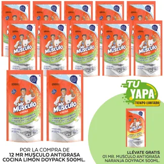 Mr Musculo Antigrasa Cocina Limón Doypack 500ml. (12 unidades) - GRATIS: 01 Mr Musculo Antigrasa Naranja Doypack 500ml.