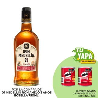 Medellín Ron Añejo 3 Años. Botella 750ml. (01 unidad) - GRATIS: 02 Pringles Sola Original 37g.