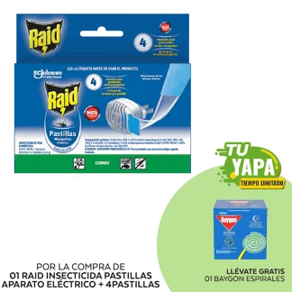 Raid Insecticida Pastillas Aparato Eléctrico + 4pastillas. (01 unidad) - GRATIS: 01 Baygon Espirales. (Caja 10 und).