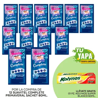 Suavitel Complete Primaveral. Sachet 80ml (12 unidades) - GRATIS: 01 Kolynos Súper blanco 60ml.