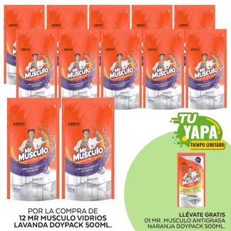 Mr Musculo Vidrios Lavanda Doypack 500ml. (12 unidades) - GRATIS: 01 Mr Musculo Antigrasa Naranja Doypack 500ml.