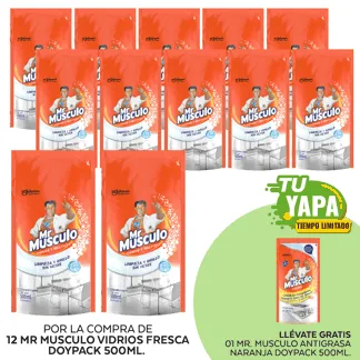 Mr Musculo Vidrios Fresca Doypack 500ml. (12 unidades) - GRATIS: 01 Mr Musculo Antigrasa Naranja Doypack 500ml.