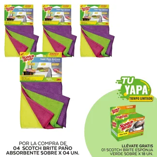 Scotch Brite Paño Absorbente. Sobre x 04 unidades. (04 unidades) - GRATIS: 01 Scotch Brite Esponja Verde. Sobre x 18 unidades.