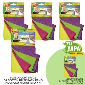 Scotch Brite Pack Paño Multiuso Microfibra x 4 (Colores) 29x29 cm. (04 unidades) - GRATIS: 01 Scotch Brite Pack Paño Multiuso.