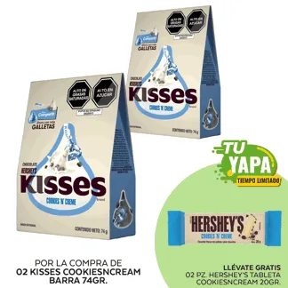 Kisses CookiesNCream. Barra 74gr. (02 unidades) - GRATIS: 02  Hershey’s Tableta CookiesNCream 20gr.