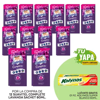Suavitel Complete Lavanda. Sachet 80ml. (12 unidades) - GRATIS: 01 Kolynos Súper blanco 60ml.