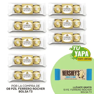 Ferrero Rocher Bolsa T3. (08 unidades) - GRATIS: 13 Hershey’s Tableta CookiesNCream 20gr.