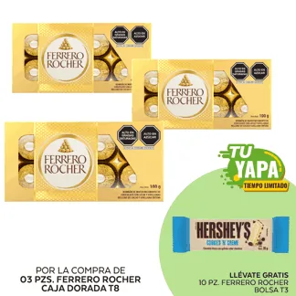 Ferrero Rocher Caja Dorada T8. (03 unidades) - GRATIS: 10 Hershey’s Tableta CookiesNCream 20gr.