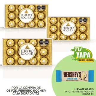 Ferrero Rocher T12. (03 unidades) - GRATIS: 17 Hershey’s Tableta CookiesNCream 20gr.