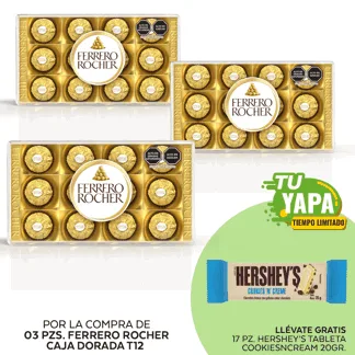 Ferrero Rocher T12. (03 unidades) - GRATIS: 17 Hershey’s Tableta CookiesNCream 20gr.