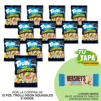 Trolli Sour Glowworms x 100gr. (Gusanito Acido). Display 12 unidades. (01 display) - GRATIS: 06 Hershey’s Tableta CookiesNCream 20