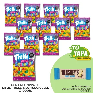 Trolli Neon Squiggles x 100gr. (Gusanito). Display 12 unidades. (01 display) - GRATIS: 06 Hershey’s Tableta CookiesNCream 20gr.