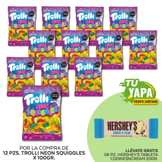 Trolli Neon Squiggles x 100gr. (Gusanito). Display 12 unidades. (01 display) - GRATIS: 06 Hershey’s Tableta CookiesNCream 20gr.