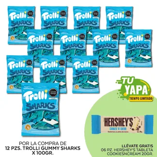 Trolli Gummy Sharks x 100gr. (Tiburón). Display 12 unidades. (01 display) - GRATIS: 06 Hershey’s Tableta CookiesNCream 20gr.