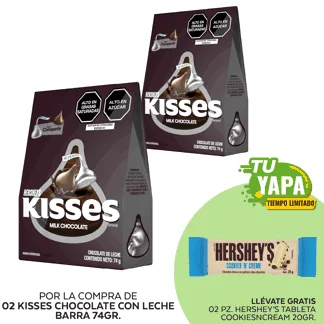 Kisses Chocolate con Leche. Barra 74gr. (02 unidades) - GRATIS: 02  Hershey’s Tableta CookiesNCream 20gr.