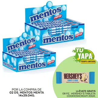 Mentos Menta. Display 14 unidades. (02 display) - GRATIS: 08 Hershey’s Tableta CookiesNCream 20gr.