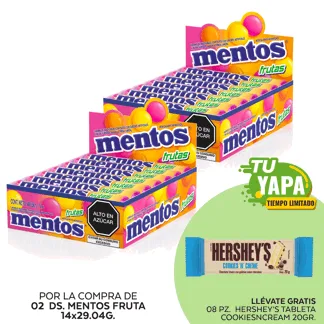 Mentos Fruta. Display 14 unidades. (02 display) - GRATIS: 08 Hershey’s Tableta CookiesNCream 20gr.