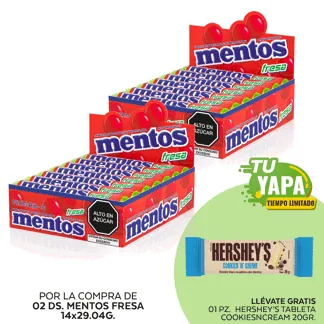 Mentos Fresa. Display 14 unidades. (02 display) - GRATIS: 08 Hershey’s Tableta CookiesNCream 20gr.
