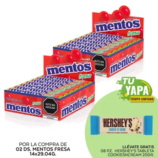 Mentos Fresa. Display 14 unidades. (02 display) - GRATIS: 08 Hershey’s Tableta CookiesNCream 20gr.