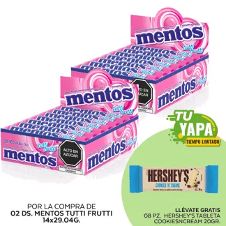 Mentos Tutti Frutti. Display 14 unidades. (02 display) - GRATIS: 08 Hershey’s Tableta CookiesNCream 20gr.