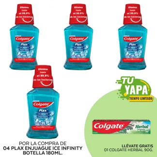 Plax Enjuague Ice Infinity. Botella 180ml. (04 unidades) - GRATIS: 01 Colgate Herbal 90g.