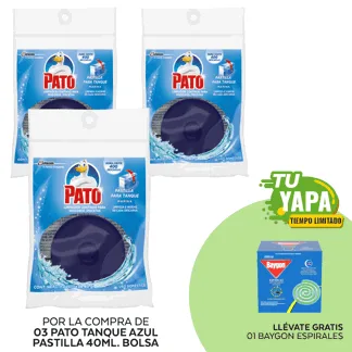 Pato Tanque Azul Pastilla 40ml. Bolsa. (03 unidades) - GRATIS: 01 Baygon Espirales. (Caja 10und).