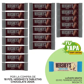 Hershey’s Tableta Chocolate 20gr. (18 unidades) - GRATIS: 03 Hershey’s Tableta CookiesNCream 20gr.