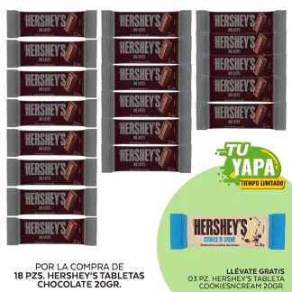 Hershey’s Tableta Chocolate 20gr. (18 unidades) - GRATIS: 03 Hershey’s Tableta CookiesNCream 20gr.