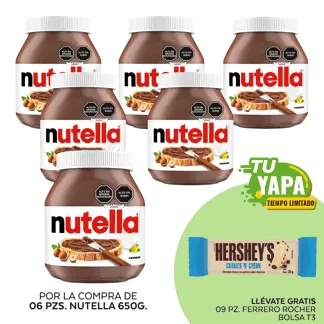 Nutella Envase 650gr. 06 unidades (01 Caja) - GRATIS: 09 Hershey’s Tableta CookiesNCream 20gr.