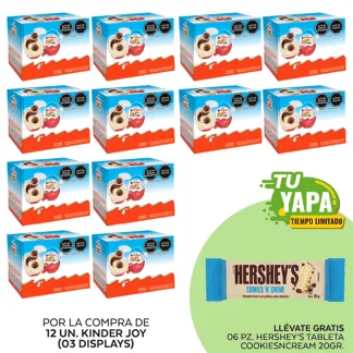 Kinder Joy. 12 unidades (03 display) - GRATIS: 06 Hershey’s Tableta CookiesNCream 20gr.