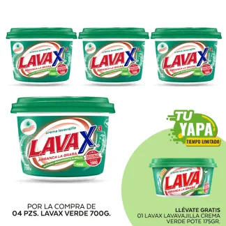 Lavax Lavavajilla Crema Verde. Pote 700gr. (04 unidades) - GRATIS: 01 Lavax Lavavajilla Crema Verde. Pote 175gr.