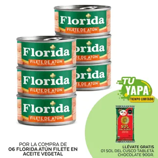 Florida Atún Filete en Aceite Vegetal. Lata 140g. (06 unidades) - GRATIS: 01 Sol del Cusco Tableta Sabor Chocolate (Canela y clavo