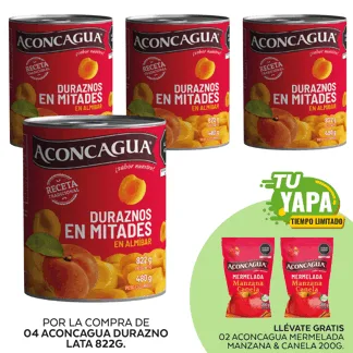 Aconcagua Duraznos. Lata 822gr. (04 unidades) - GRATIS: 02 Aconcagua Mermelada Manzana & Canela. Sachet 200g.
