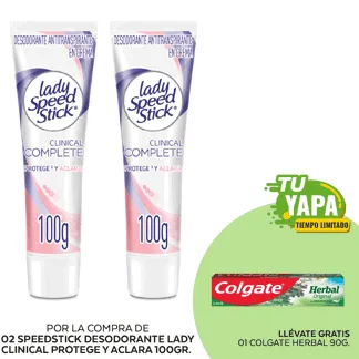 SpeedStick Desodorante Lady Clinical. Protege y Aclara. Tubo 100gr. (02 unidades) - GRATIS: 01 Colgate Herbal 90g.