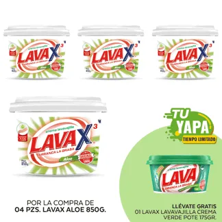 Lavax Lavavajilla Crema Aloe. Pote 850gr. (04 unidades) - GRATIS: 01 Lavax Lavavajilla Crema Verde. Pote 175gr.