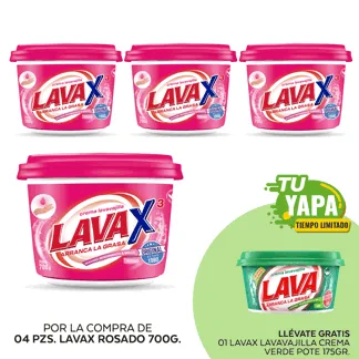 Lavax Lavavajilla Crema Rosado. Pote 700gr. (04 unidades) - GRATIS: 01 Lavax Lavavajilla Crema Verde. Pote 175gr.