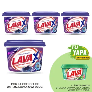 Lavax Lavavajilla Crema Uva. Pote 700gr. (04 unidades) - GRATIS: 01 Lavax Lavavajilla Crema Verde. Pote 175gr.