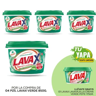 Lavax Lavavajilla Crema Verde. Pote 850gr. (04 unidades) - GRATIS: 01 Lavax Lavavajilla Crema Verde. Pote 175gr.