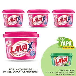 Lavax Lavavajilla Crema Rosado. Pote 850gr. (04 unidades) - GRATIS: 01 Lavax Lavavajilla Crema Verde. Pote 175gr.