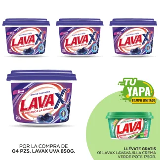 Lavax Lavavajilla Crema Uva. Pote 850gr. (04 unidades) - GRATIS: 01 Lavax Lavavajilla Crema Verde. Pote 175gr.
