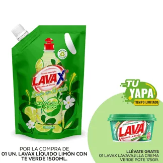 Lava Lavavajilla Líquido Limón con Té Verde. Doypack 1500ml. (01 unidad) - GRATIS: 01 Lavax Lavavajilla Crema Verde. Pote 175gr.