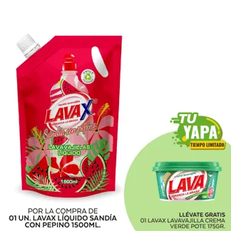 Lava Lavavajilla Líquido Sandia con Pepino. Doypack 1500ml. (01 unidad) - GRATIS: 01 Lavax Lavavajilla Crema Verde. Pote 175gr.