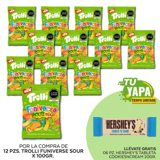 Trolli Funiverse Sour 100gr. Display 12 unidades. (01 display) - GRATIS: 06 Hershey’s Tableta CookiesNCream 20gr.