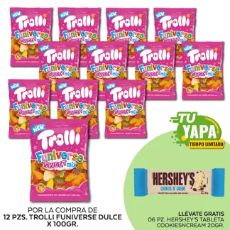 Trolli Funiverse Dulce 100gr. Display 12 unidades. (01 display) - GRATIS: 06 Hershey’s Tableta CookiesNCream 20gr.