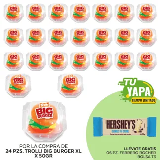 Trolli Big Burger XL 50gr. Display 24 unidades. (01 display) - GRATIS: 06 Hershey’s Tableta CookiesNCream 20gr.
