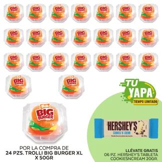 Trolli Big Burger XL 50gr. Display 24 unidades. (01 display) - GRATIS: 06 Hershey’s Tableta CookiesNCream 20gr.