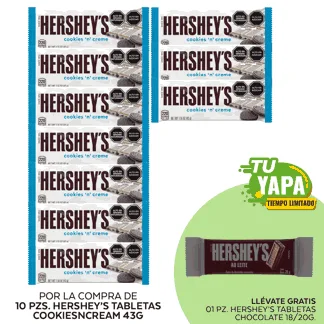 Hershey's Tableta Cookiesncream 43g. (10 unidades) - GRATIS: 01 Hershey's Chocolate con Leche 20 g.